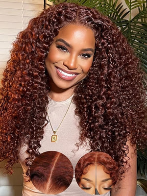 KLAIYI Bye Bye Knots Glueless Wig Reddish Brown Curly Pre Cut 7x5 Lace Front Wigs Human Hair Drawstring Pre Plucked Bleached 30S Ready to Wear and Go Wig Water Wave Beginner Wigs with Baby Hair 24Inch