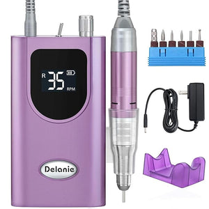 Delanie Professional Nail Drill High Torque 35000 RPM Rechargeable Portable Electric Nail File Filer for Acrylic Gel with Cuticle Bits Salon Manicure Tool Purple