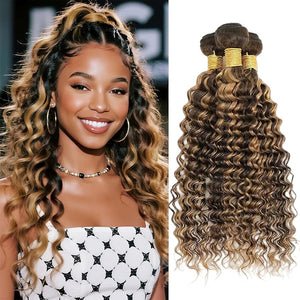 Highlight Deep Human Hair Bundles 14 16 18 Inch Brazilian Remy Virgin 10A Deep 3 Bundles Human Hair Hair Extensions Bundles P1B/27 Highlight