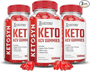 Justified Laboratories (3 Pack Ketosyn Keto ACV Gummies Advanced Formula 1000MG Ketosyn Keto Gummies Apple Cider Vinegar Formulated with Pomegranate Beet Juice Powder B12 Vegan Non GMO 180 Gummys