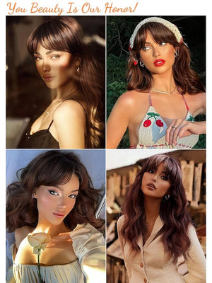 Honygebia Dark Brown Wig with Bangs - Long Wavy Brunette Wigs for Women Chocolate Brown Synthetic Heat Resistant Hair Natural Looking Long Brown Wig - Best Wigs for Halloween/Christmas/Party
