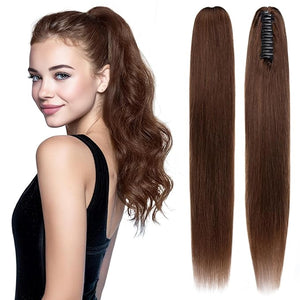 Human Hair Ponytail Extension with Claw Clip, Natural Look, Soft, Ideal for Dates, Weddings, Parties, Gifts - 22 inches, 120g, Medium Brown