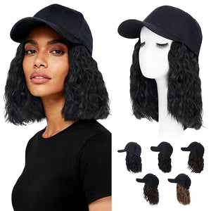 S-noilite Hat Wig for Women Baseball Cap Wig with BOB Hair Attached Adjustable Hat Wigs Short Wave Synthetic Hair Extensions 8 inch Black Brown