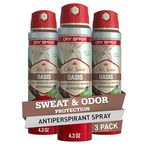 Old Spice Dry Spray Antiperspirant Deodorant for Men, 24/7 Freshness, 24/7 Sweat &amp; Odor Protection, Gentle on Skin with Skin Conditioners, Oasis with Vanilla + Argan Oil, 4.3 oz (Pack of 3)