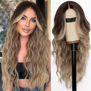 AISI HAIR Ombre Dirty Blonde Wig for Women Long Wavy Lace Hairline Middle Part Synthetic Wig for Daily Party-26 Inch