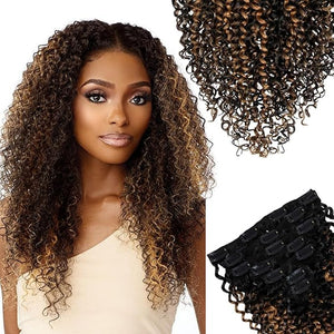 SIYUSI Kinky Curly Clip In Extensions Luxurious Thickness Premium Brazilian Remy Hair Clip Ins Invisible &amp Scalp-Friendly Honey Blonde Ombre 4.23oz 7Pcs (22 Inch)