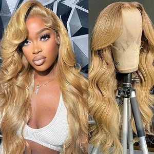 Honey Blonde Body Wave Lace Front Wig Human Hair 13x4 Colored #27 Human Hair Lace Front Wigs 22¡± Curly HD Transparent Lace Frontal Wigs Pre Plucked Bleached Knots 180% Density Glueless Human Hair Wig