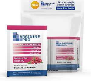 L-ARGININE PRO Supplement Powder | 60 Packets Single Serve Travel Size | 5500mg of L-arginine Plus 1100mg L-Citrulline Raspberry