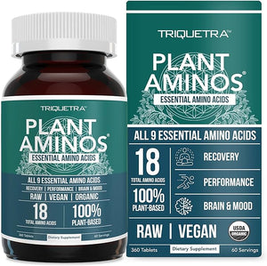 Plant Aminos Organic Essential Amino Acid Supplement (EAAs) &amp BCAA - 100% Plant-Based Raw Vegan - All 9 Essential Amino Acids with 18 Total Amino Acids (360 Tablets)