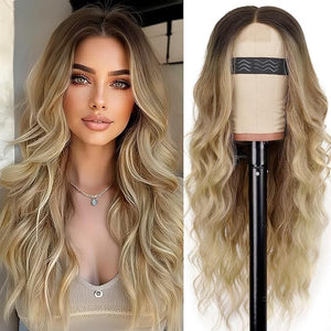 AISI HAIR Blonde Wig for Women Long Wavy Lace Hairline Blond Synthetic Middle Part Ombre Blonde Wigs for Daily Party-26 Inch