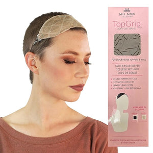 MILANO COLLECTION Glueless Top Grip for Hair Topper &amp Wiglets Adjustable Translucent Strap with Side Openings Top Headband for Your Wig or Topper Includes Clips Beige Large