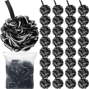 Shellwei 32 Pcs Bath Sponge Shower Loofahs Bulk 60 g Charcoal Body Shower Sponge Large Mesh Puff Soft Scrubber for Men and Women Exfoliating Pouf Balls with Bathing Accessories(Black White)