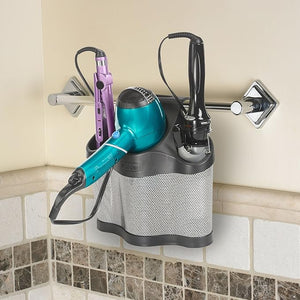 Polder Style Station Organization for Styling Tools: Hair DryersCurling Irons Straighteners Brushes Hang Over Towel Rack Store Undersink or in Drawer Black and Silver