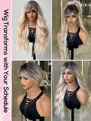 topshe Blonde Curly Wig with Bangs 24 InchHeat Resistant Synthetic Hair for Women Natural Looking Pre Styled for Daily/Party/Cosplay