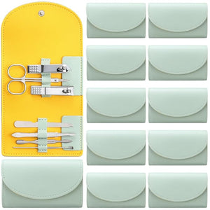 12 Set Manicure Set Bulk Mini Manicure Nail Clipper Kit 7 in 1 Stainless Steel Professional Nail Care Pedicure with Travel Portable Bag Grooming Kits for Christmas Women Men Home(Light Green)