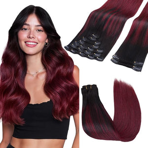GOO GOO Clip in Hair Extensions Real Human Hair Remy Human Hair Extensions Clip ins for Women Natural Human Hair 16inch 150g 9 Pcs #1/99j Balayage Jet Black to Red