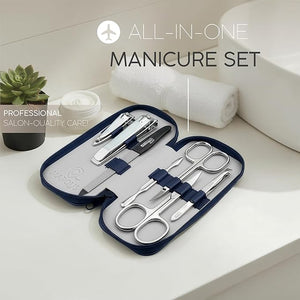 Manicure Set Solingen Made in Germany - 7 Piece Exclusive Finger &amp Toe Nail Clippers Kit for Women and Men in Real Leather Case Color Blue