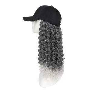 TESS Black Baseball Cap with 20'' Long Coily Synthetic Hair Extensions for Women and Girls - Adjustable &amp Breathable Wig Cap for Daily Use Outdoor Activities