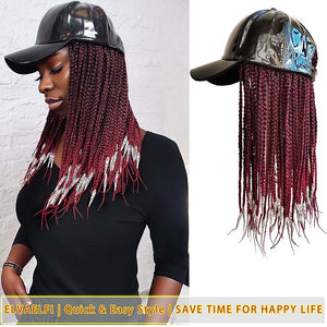14" Box Braid Hair Extensions Burgundy w/Silver Clasps, PU Baseball Cap Wig for Women Girls Easy Wear