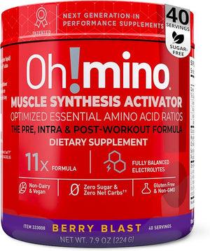 Oh!mino Essential Amino Acids Supplement Drink Powder Berry Blast Caffeinated Powder All 9 EAAs BCAAs and The Perfect Amino for Workouts Amino Energy and to Build Muscle and Recover Faster