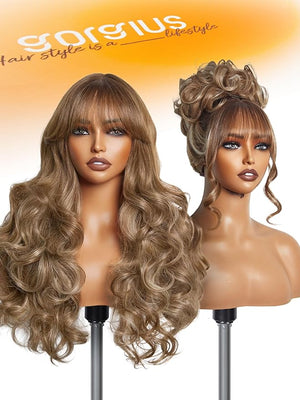 GORGIUS Balayage Blonde Wig with Bangs Long Loose Body Wave Wig with Highlights Pre Bleached Glueless Bang Wig Upgraded with Style-Archive Premium Fiber
