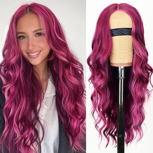 AISI HAIR Burgundy Mixed Rose Red Wig for Women Long Wavy Lace Hairline Middle Part Synthetic Heat Resistant Wig for Daily Party-26 Inch