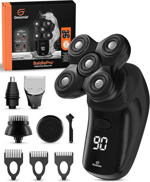 Groomie Cordless Bald Head Shavers for Men, BaldiePro Head Grooming Kit - Ergonomic &amp; Waterproof Head Shavers for Bald Men - Electric Hair Shaver &amp; Head Razor - Men's Rotary Shaver for Smooth