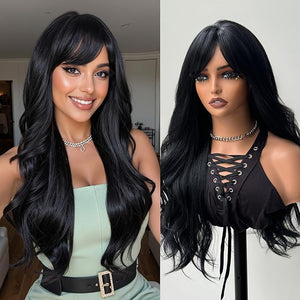 topshe dark brown wigs with bangs long curly heat resistant synthetic wigs for women Natural Looking Wavy Hair Daily Wear &amp Cosplay 24 Inch