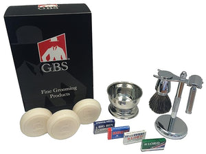 G.B.S Stylish Shaving Kit- For Men¡¯s Beard Traditional 42C Safety Razor, Badger Shaving Brush, Stainless Brush &amp; Razor Stand, Chrome Bowl, 3 Pack of Natural Shaving Soaps + 25 DE Razor Blades