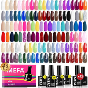 MEFA 46 Pcs Gel Nail Polish Kit, 42 Colors All Seasons Gel Polish Set Colorful Starter Kit with Base Coat &amp; Glitter/Glossy/Matte Top Coat Gel Nail Art Manicure DIY Salon Gifts for Girls