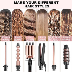 6 in 1 Hair Curling Iron Wand Set PTC Fast Heating Hair Crimper Professional Hair Styling Tools LCD Temp Control with Hair Straightener, Ceramic 3 Barrel Hair Waver Surprise Gift for Women Girl