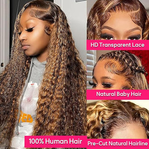 Juvid Highlight Ombre 13x6 Lace Front Wigs Human Hair 4/27 Honey Blonde Deep Wave Curly Human Hair Wig HD Transparent Frontal 180% Density Glueless Wig 24inch for Black Women Pre Plucked Hairline