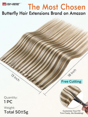 WIGNEE OVO 18 Inch Butterfly Invisible Human Hair Extensions 1PC 50g Double Layer 13 Inch Wide Seamless Cuttable Blended Blonde with Micro Beads Glueless Install for Thin Hair Volume