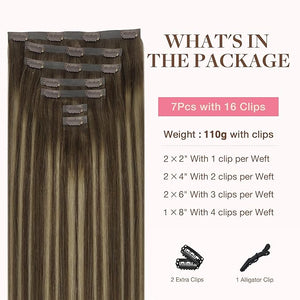 GOO GOO Clip in Hair Extensions Real Human Hair Remy Human Hair Extensions Clip ins for Women Natural Human Hair 24inch 140g 7Pcs #4/26/4 Balayage Chocolate Brown to Honey Blonde