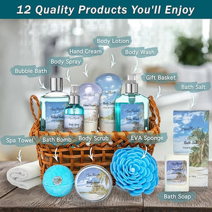 Spa Baskets For Women - Luxury Bath Set With Ocean &amp; Coconut - Spa Kit Includes Wash, Bubble Bath, Lotion, Bath Salts, Body Scrub, Body Spray, Shower Puff, Bathbombs, Soap and Towel