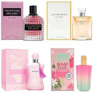 4 Piece Women Perfume Set RIO Sweet Crush Jasmine/Valentine Milano/La Vida Bella/Delilah Eau de Parfum Women's Fragrance Sets with Luxury Gift Box for Daily Use