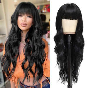 NAYOO Black Wigs with Bangs for Women Long Curly Wavy Hair Wigs Heat Resistant Synthetic Fiber Wigs for Daily Party Use 26 Inches (Black)