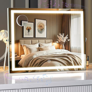 MINISO Vanity Mirror with Lights and Bluetooth Speaker 17.7 x 13.8 LED Makeup Mirror Light &amp Brightness Smart Sensor Aluminum Alloy Metal White Frame with 10X Magnifying Glass