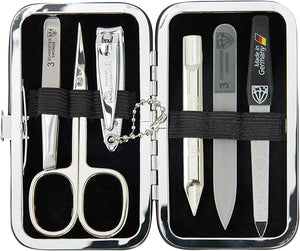 3 Swords Germany - Brand Quality 6 Piece Manicure Pedicure Grooming kit Set - Scissors Metal and Glass Nail File Clipper Tweezers with Synthetic Leather case - Brown II