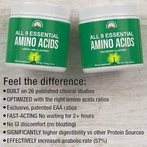 All 9 Essential Amino Acids Powder with 26 Clinical Studies. EAAs 32X Effective vs BCAA/BCAAS Branched Chain Aminos. Pre or Post Workout EAA Supplement. Perfect for Energy Muscle Growth. Wildberry