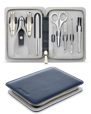 Manicure Set 9 in 1Professional Pedicure kitStainless Steel Manicure KitPortable Travel Grooming Kit Nail Care ToolsNail Clippers Pedicure Tools with Leather Travel Case (Dark Blue)