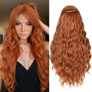 FAVE Long Ginger Wig - 28Inch Wavy Synthetic Wig for Women - Natural Curly Middle Part Orange for Daily Party Use