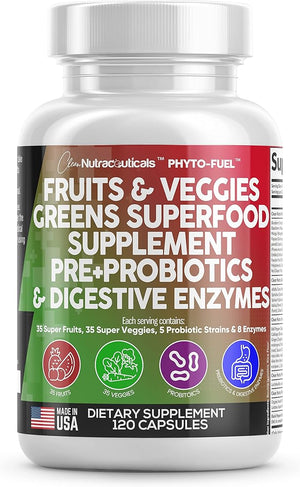 Clean Nutraceuticals Fruits and Veggies Supplement Reds &amp; Green Superfood - Balance of Over 70 Fruit &amp; Vegetable Supplements Capsules with Probiotics Prebiotics Digestive Enzymes - 120 Ct USA