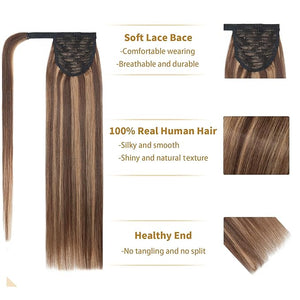 SEGO Ponytail Extension Human Hair Real Human Hair Clip In Wrap Around Long Straight Ponytail With Magic Paste Pony Hairpieces for Women -14 Inch 80g 4P27 Medium Brown&ampDark Blonde
