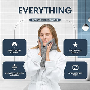 White Classic Light Grey Luxury Cotton Washcloths 12 Pc Set - Large 13x13 Inches Hotel Style Face Towel High Absorbent Quick Dry Wash Cloths for Home Spa Gym Light Grey 12 Pack