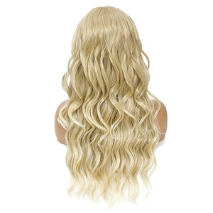 SWACC Long Curly Wavy Wig with Bangs Synthetic Hair Wig for Women with Wig Cap (Light Blonde Ombre)