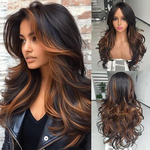 Orange Highlight Wig Long Wavy Layered Wig with Curtain Bangs for Black White Women Natural Black Mixd Hightlight Honey Brown Long Orange Layered Synthetic Natural Body Wave Butterfly Hair for Women