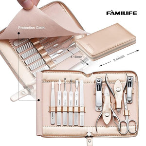 FAMILIFE Gifts for Women Manicure Set Professional Manicure Kit 11 in 1 Nail Kit Nail Clippers Tools Stainless Steel with Rose Gold Leather Case Travel Sets