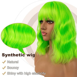 Short Bob Wigs with Bangs for Women Loose Wavy Wig Curly Wavy Shoulder Length Bob Synthetic Cosplay Wig for Girl Colorful Costume Wigs (Neon Green)