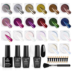Beetles 20 Colors Metallic Chrome Nail Powder Kit 24Pcs Pearl Chrome Nails Powder Glitter Gold Silver Mirror Nail Art with Base Top Coat &amp; Decoration Sealing Black Gel Nails Polish Gifts for Women